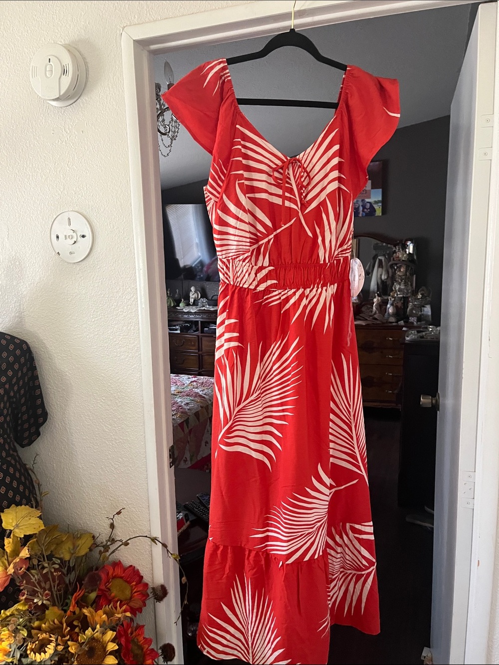 NAIF Red Maxi Dress with White Tropical Leaf Print